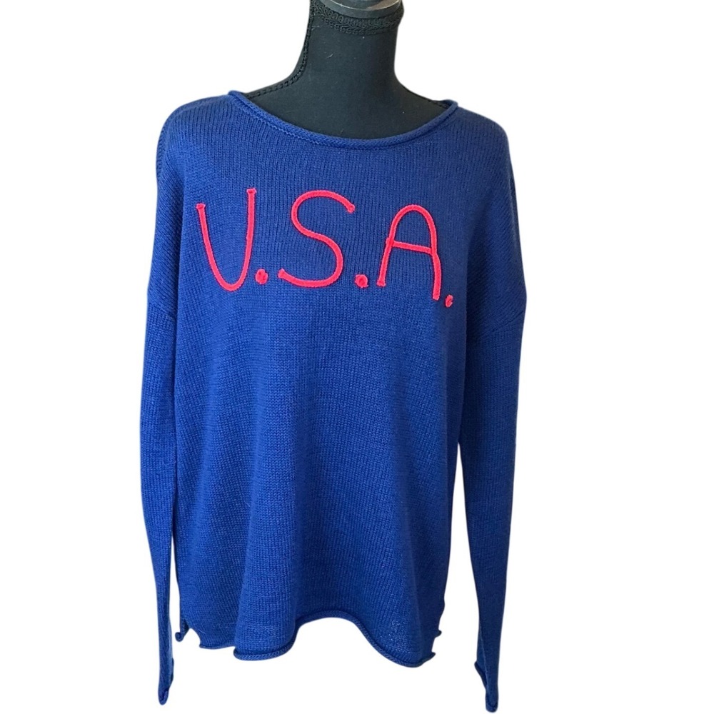 Marled Roll Neck USA 4th July Patriotic‎ Sweater Blue Red Knit Pullover Large